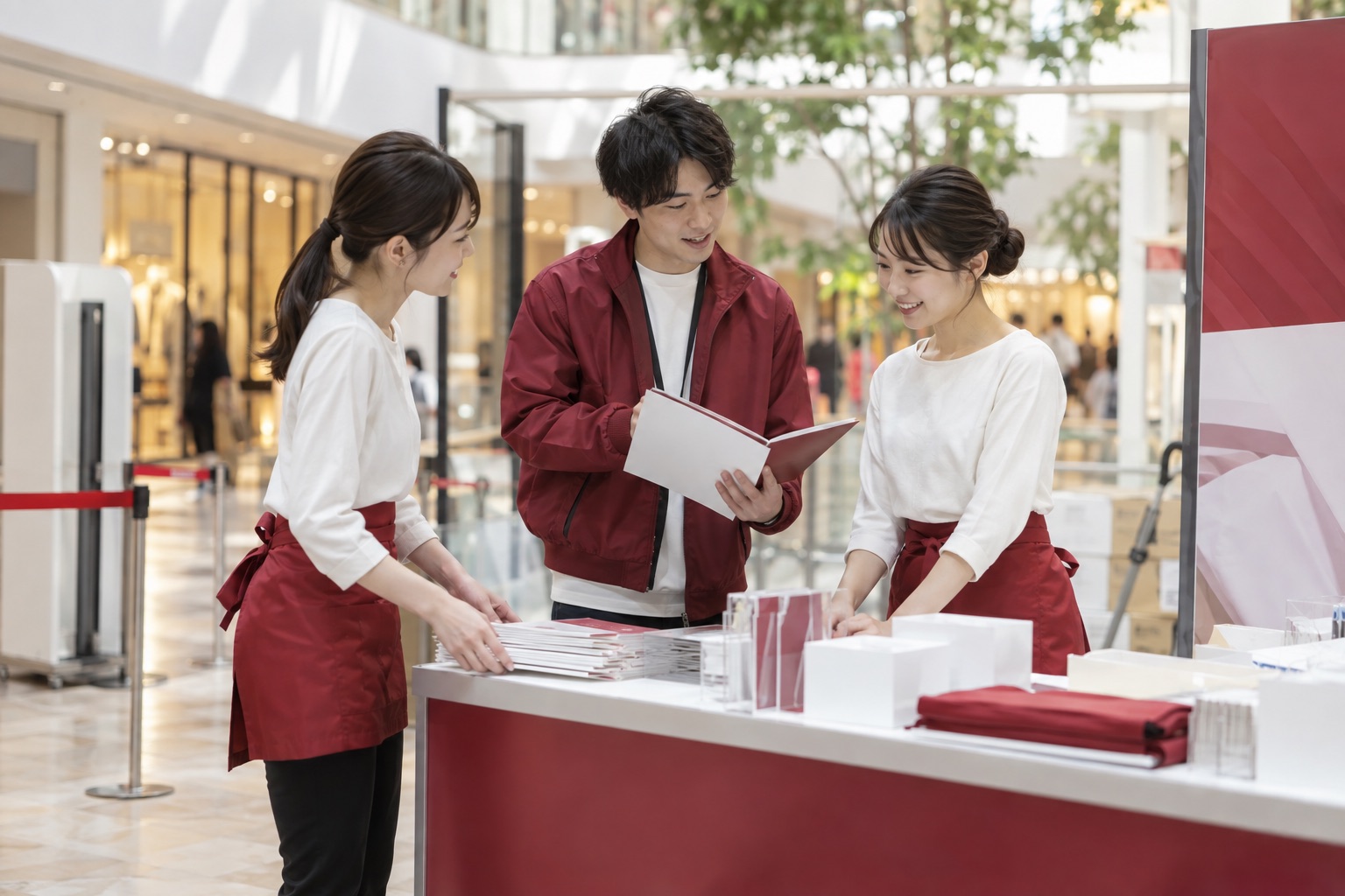 商業施設のブース準備をチームで進めるスタッフのイメージ